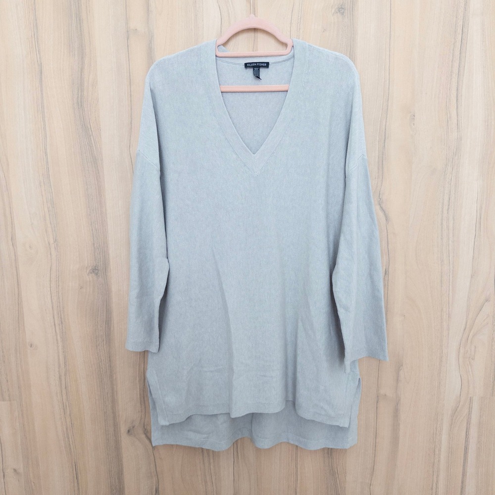 Eileen Fisher Organic Cotton Silk Sweater M Grey V-Neck Quiet Luxury Minimalist